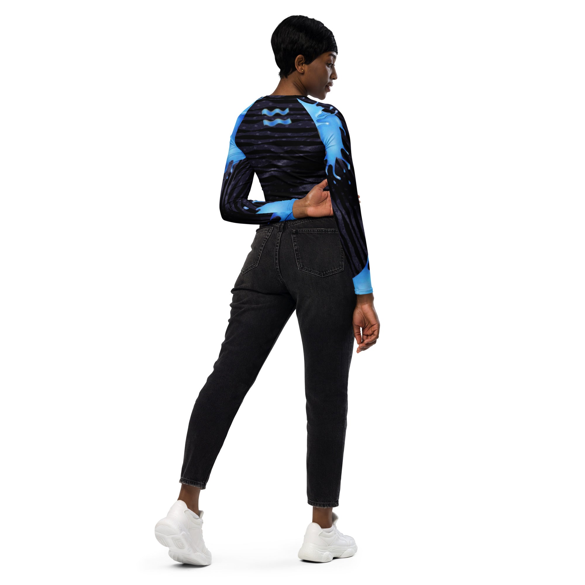 Recycled Long-Sleeve Crop Top- Gym Wear or Streetwear for Aquarius- "Cosmic Aqua" by WickedYo.